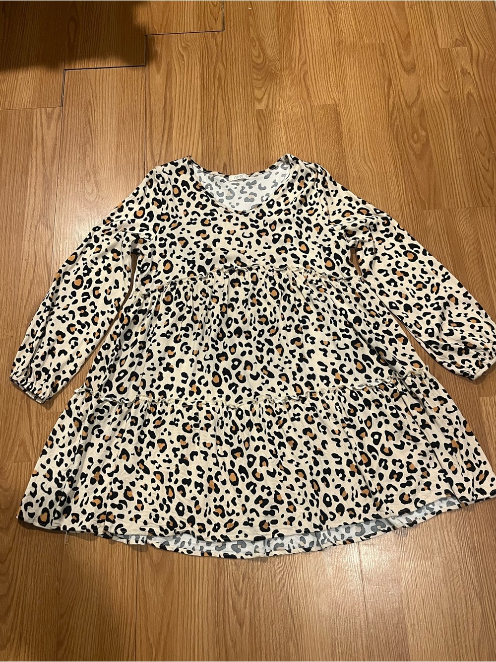Women’s Long-Sleeve Leopard Print Tiered Dress - Cream/Black
